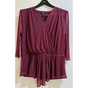 Alfani XL Burgundy Sheer Wrap Peplum Blouse 3/4 Sleeve Flowy Top